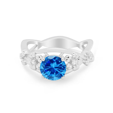 Plumeria Flower Infinity Shank Wedding Ring Simulated Blue Topaz CZ 925 Sterling Silver